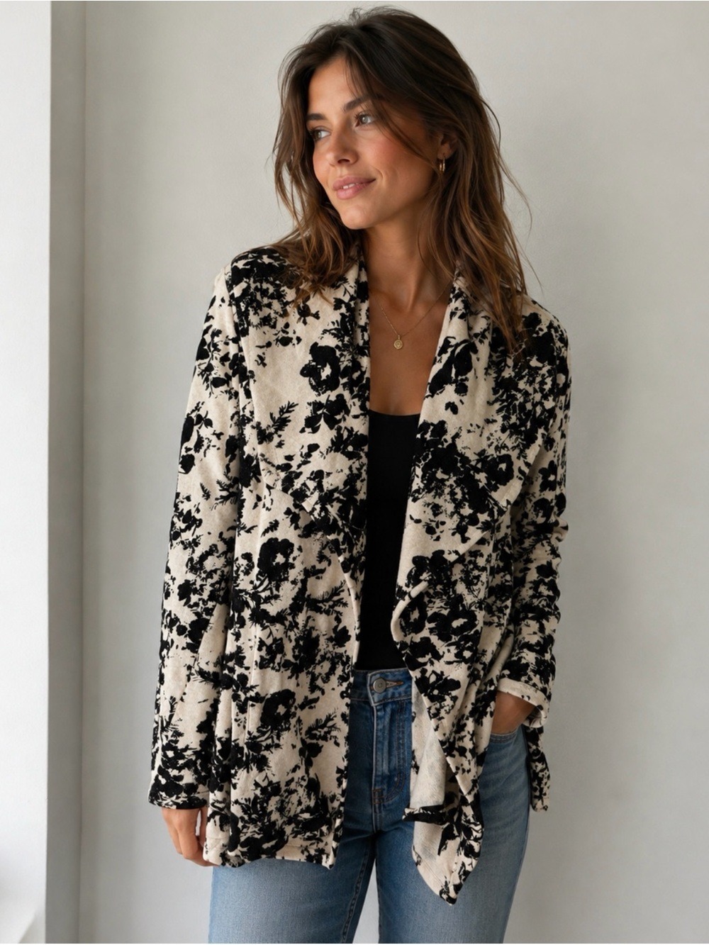 Free People Black and White Patterned floral Knit draped cardigan blazer small